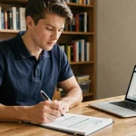 Jeune chauffeur VTC débutant qui examine un contrat d'assurance Macif à son bureau à domicile