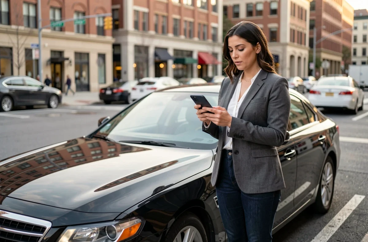 Chauffeuse VTC debout près de sa voiture en ville en train de consulter une application d'assurance sur son téléphone