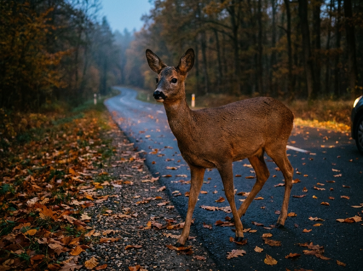 Chevreuil traversant une route rurale en automne, illustrant le danger de collision avec le gibier pour les automobilistes