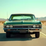 Essai routier d'une Chevrolet Impala 1967 automatique verte garée sur une route américaine désertique, vue trois quarts avant