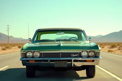 Essai routier d'une Chevrolet Impala 1967 automatique verte garée sur une route américaine désertique, vue trois quarts avant
