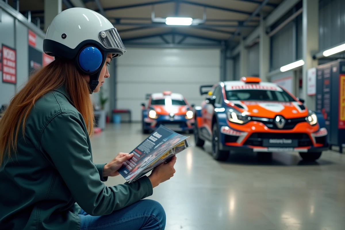 Jeune femme comparant deux voitures de rallye dans un showroom spécialisé, guide d'achat en main