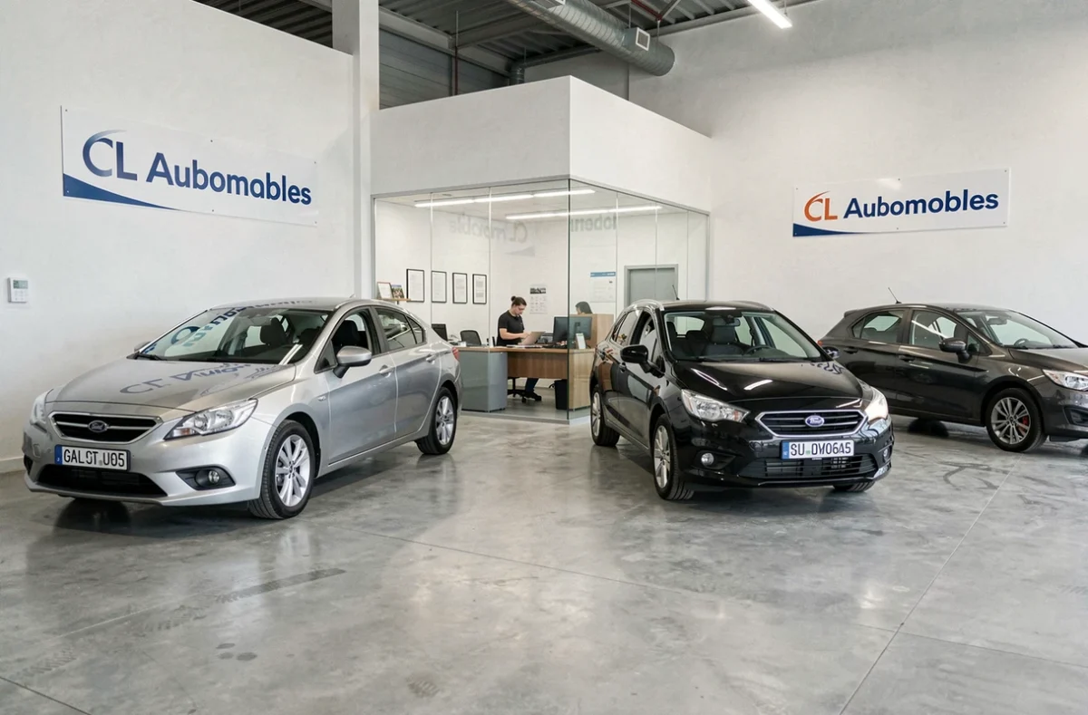 Showroom intérieur de CL Automobiles avec des véhicules exposés et un bureau de vente visible en arrière-plan