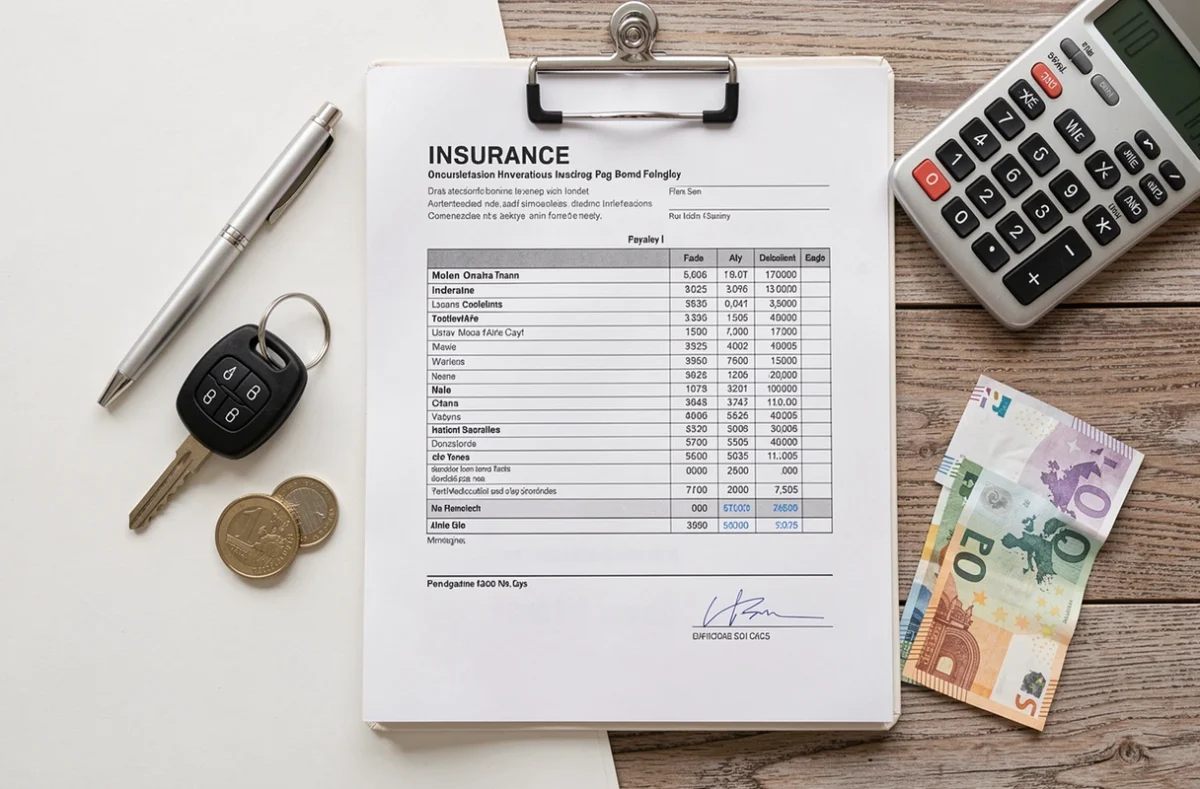 Vue aérienne d'un bureau avec clé de voiture, contrat d'assurance auto, calculatrice et billets d'euros