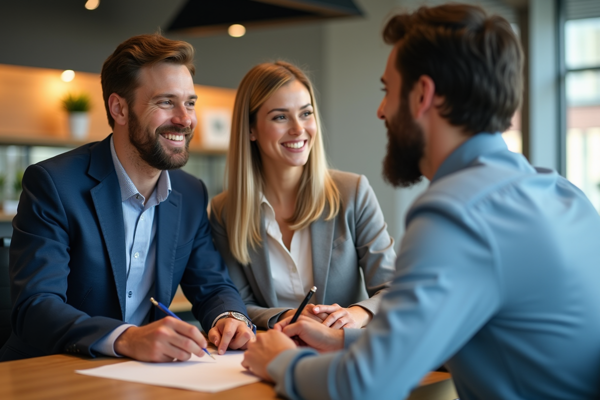 Un homme et une femme signant un contrat de location en intérieur