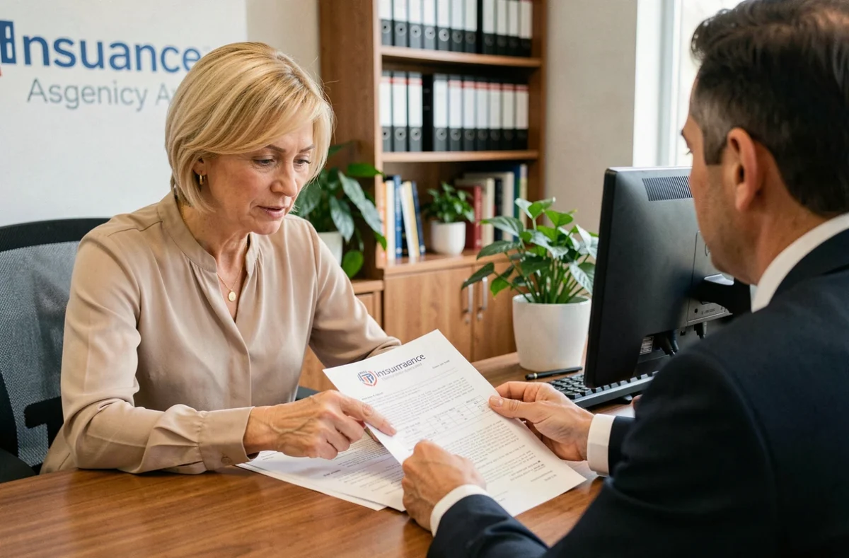 Cliente et agent d'assurance examinant ensemble un formulaire de remboursement sinistre automobile en agence