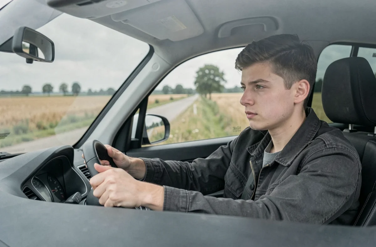 Élève conducteur concentré au volant près de Wambrechies avec paysage flamand en arrière-plan