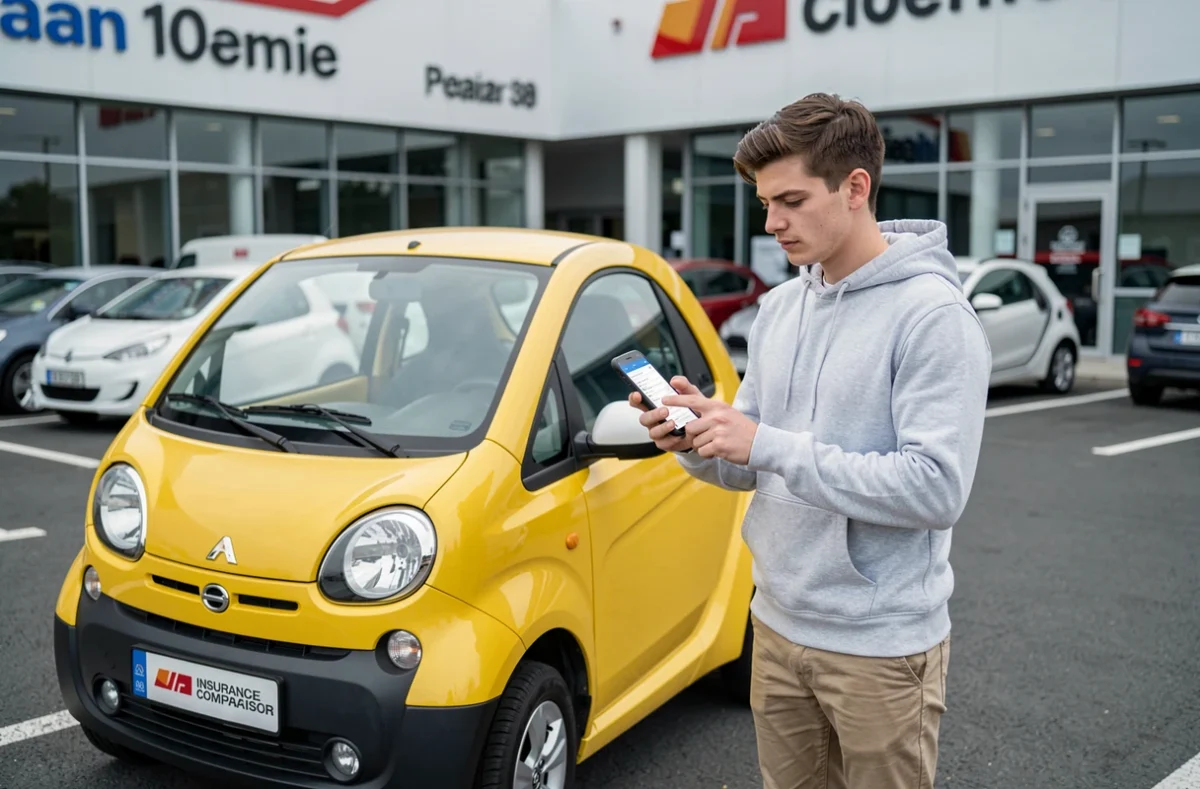 Jeune homme comparant des offres d'assurance sur son smartphone à côté d'une voiture sans permis chez un concessionnaire
