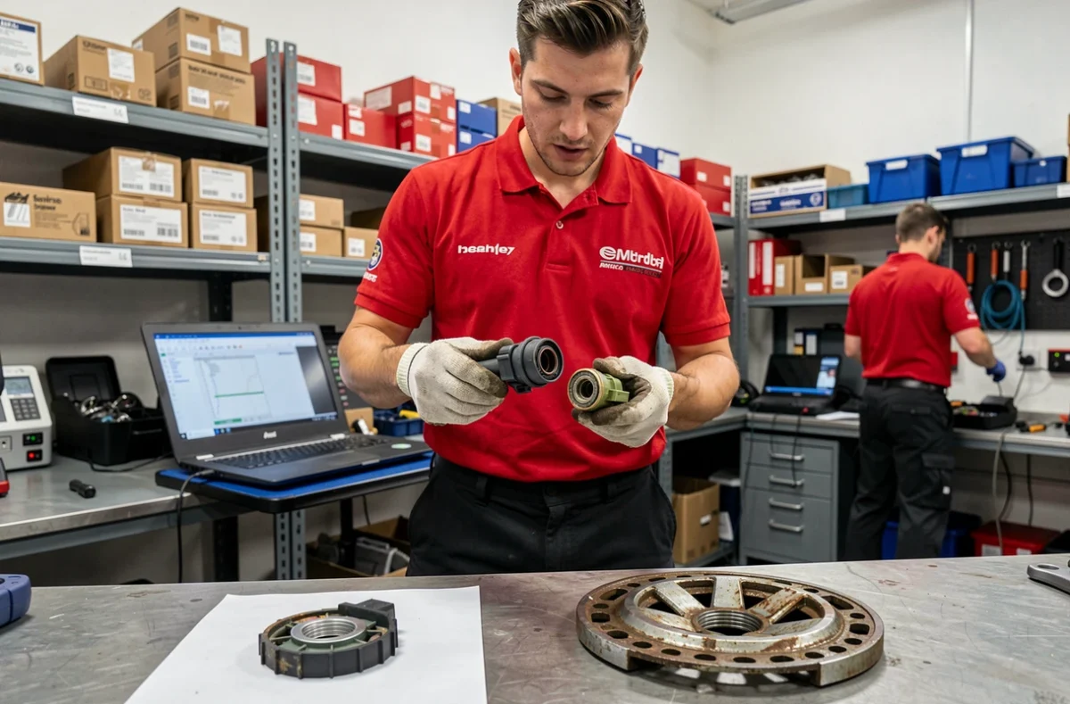 Mécanicien comparant un capteur ABS usagé et un capteur neuf sur un établi de centre de diagnostic automobile