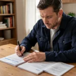 Homme comparant des contrats d'assurance moto sur une table en bois dans un appartement moderne