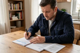 Homme comparant des contrats d'assurance moto sur une table en bois dans un appartement moderne