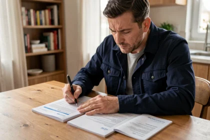 Homme comparant des contrats d'assurance moto sur une table en bois dans un appartement moderne