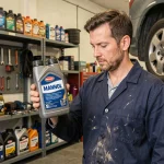 Mécanicien comparant une huile Mannol avec une grande marque dans un atelier automobile professionnel