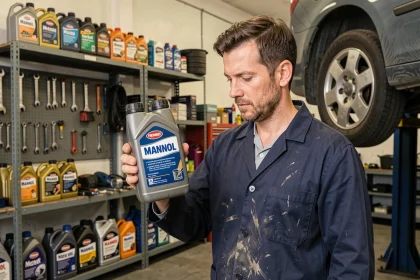 Mécanicien comparant une huile Mannol avec une grande marque dans un atelier automobile professionnel