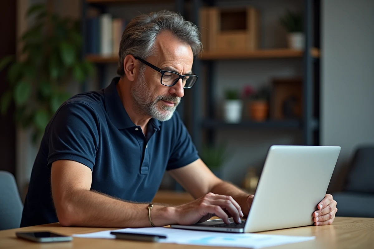 Homme comparant les prix de carte grise en ligne depuis son bureau à domicile