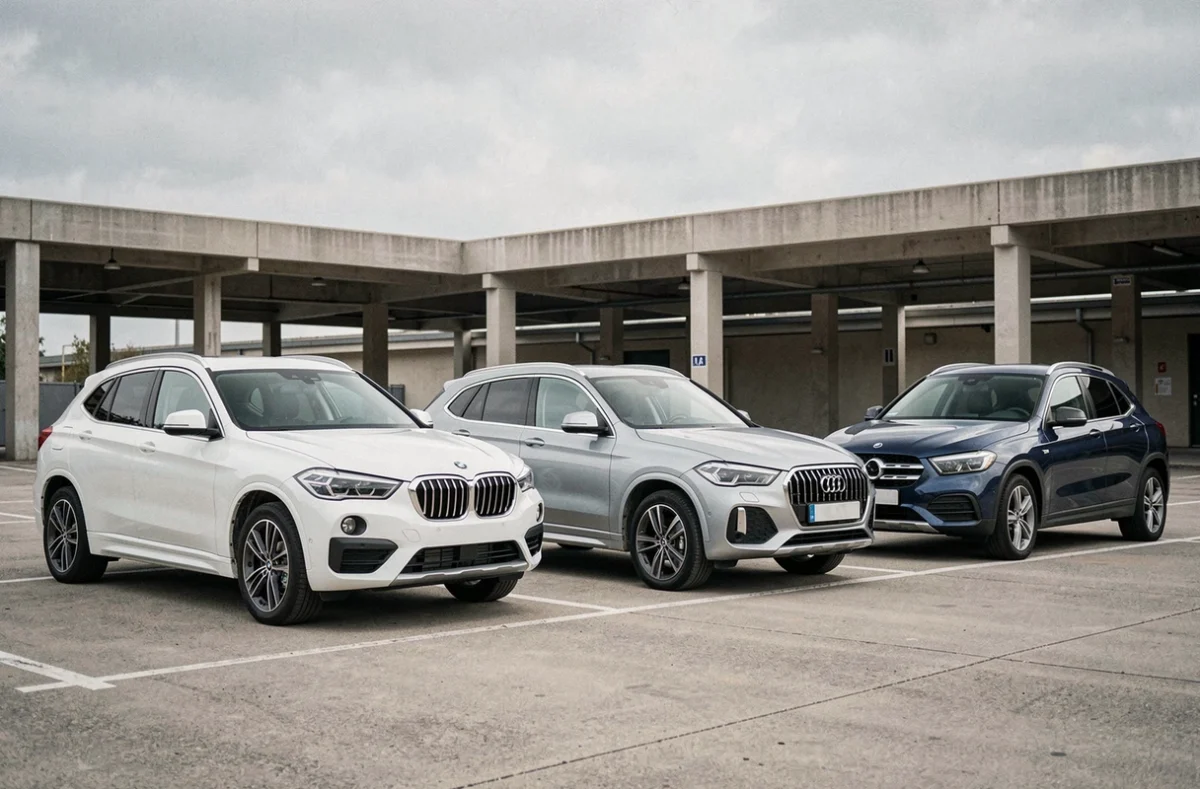 Comparatif BMW X1 F48 face à l'Audi Q3 et au Mercedes GLA dans un parking extérieur pour test de fiabilité