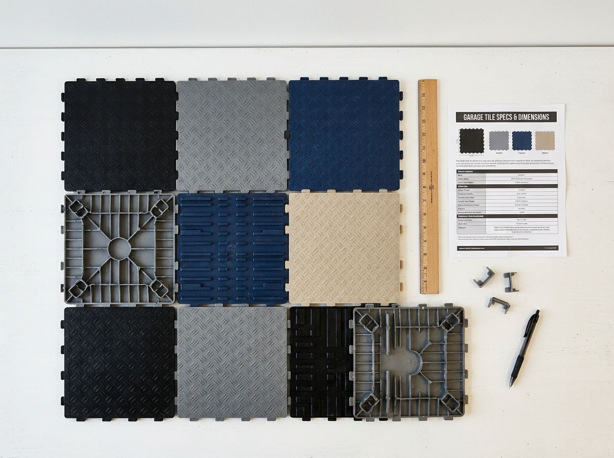 Vue de dessus de plusieurs dalles clipsables pour garage en différentes couleurs avec fiche technique et règle
