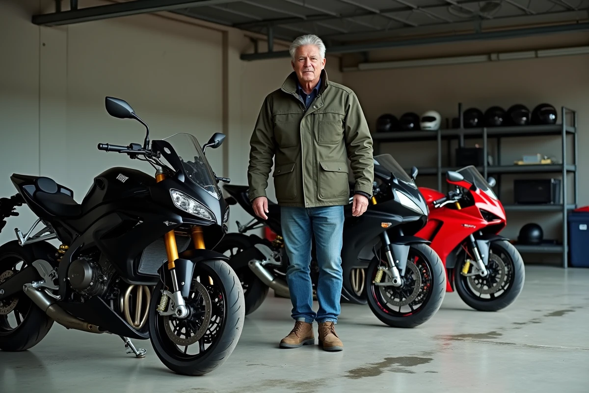 Comparatif de trois motos sportives 600cc, 1000cc et plus de 200 ch dans un garage industriel
