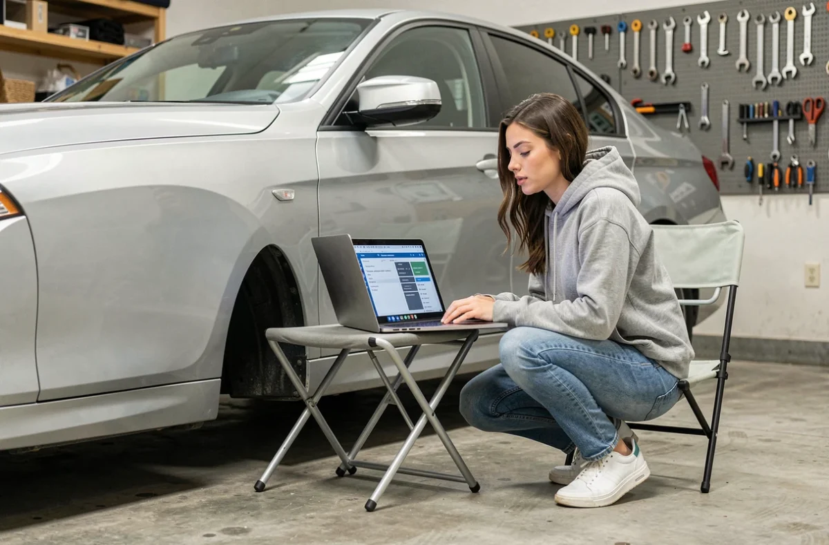Femme comparant les logiciels NScExpert et BimmerCode sur un ordinateur portable dans un garage avec une BMW