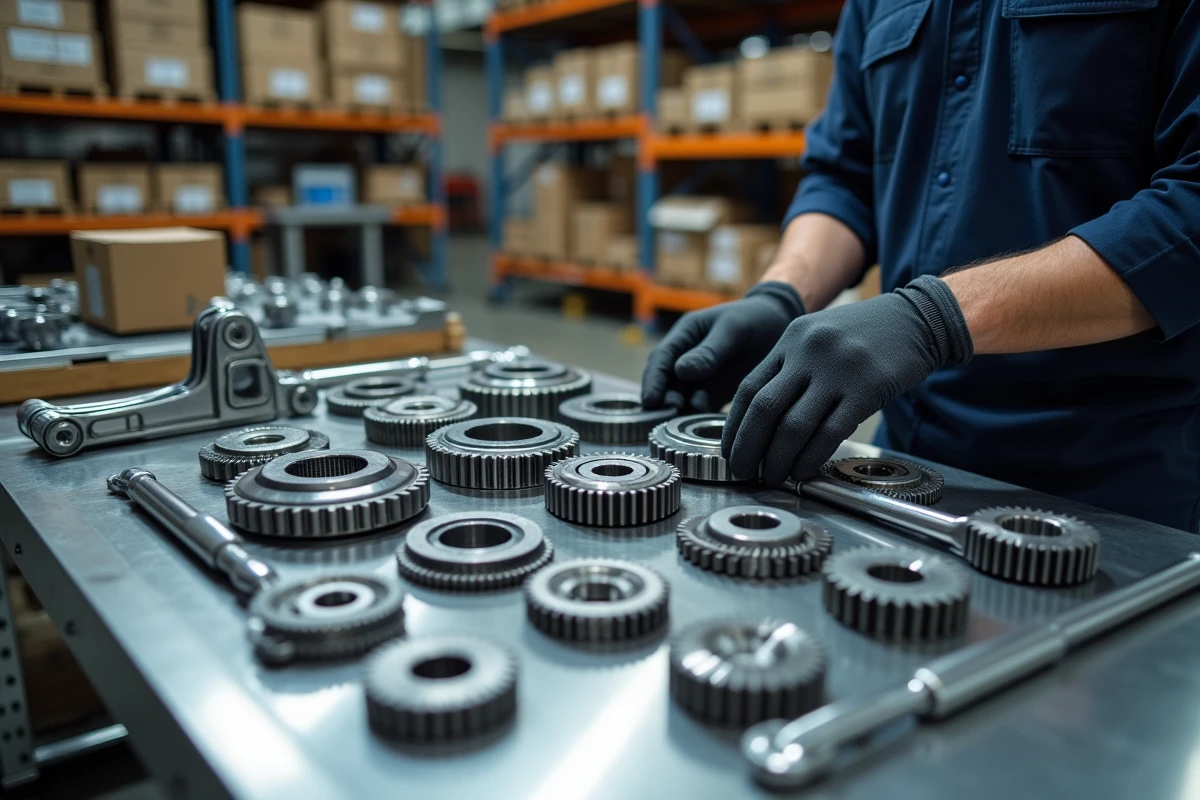 Technicien organisant des composants de boîte de vitesses de compétition dans un entrepôt de pièces automobiles spécialisé