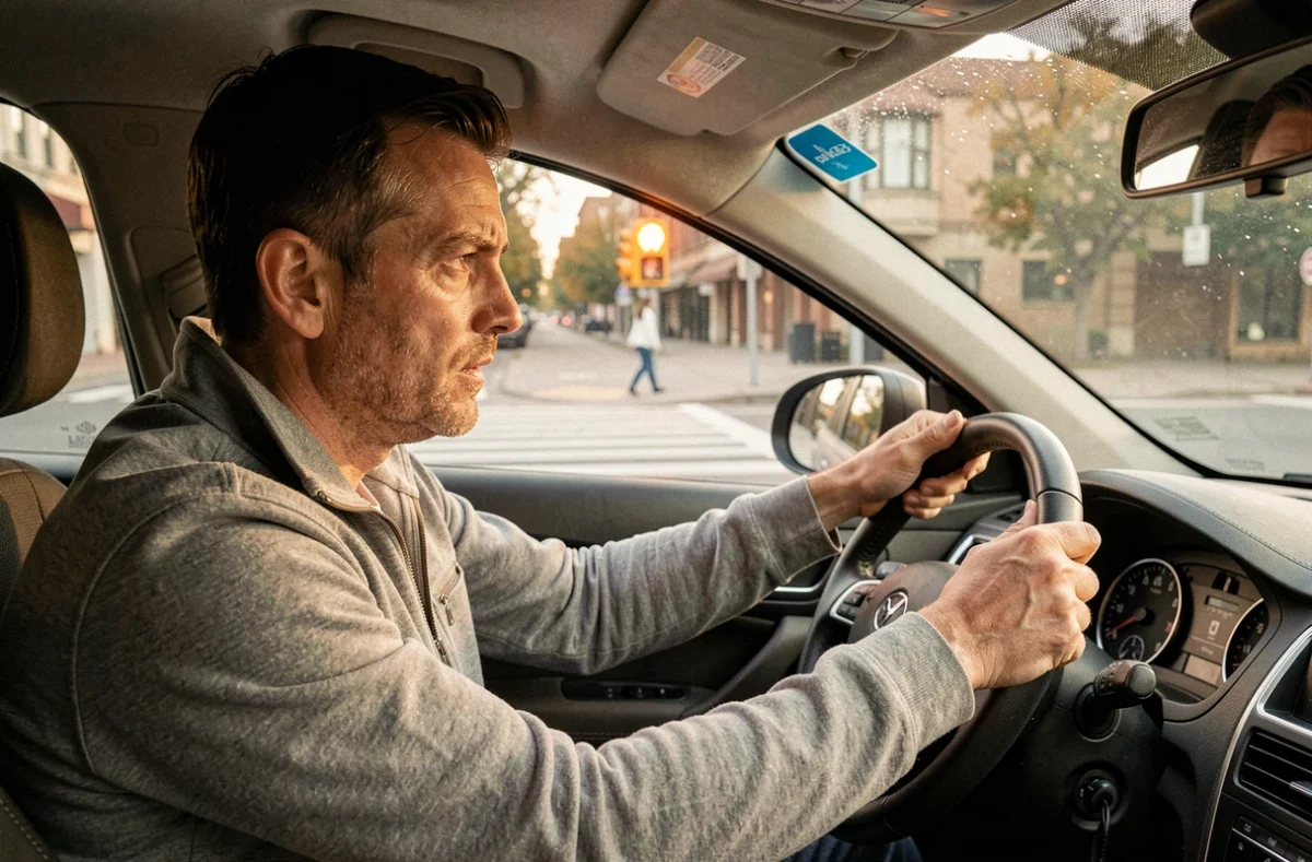Conducteur au volant regardant un feu orange avec une expression de décision et d'hésitation