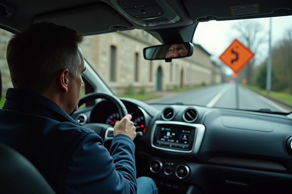 Conducteur reconnaissant un panneau route prioritaire depuis l'intérieur de sa voiture à une intersection française
