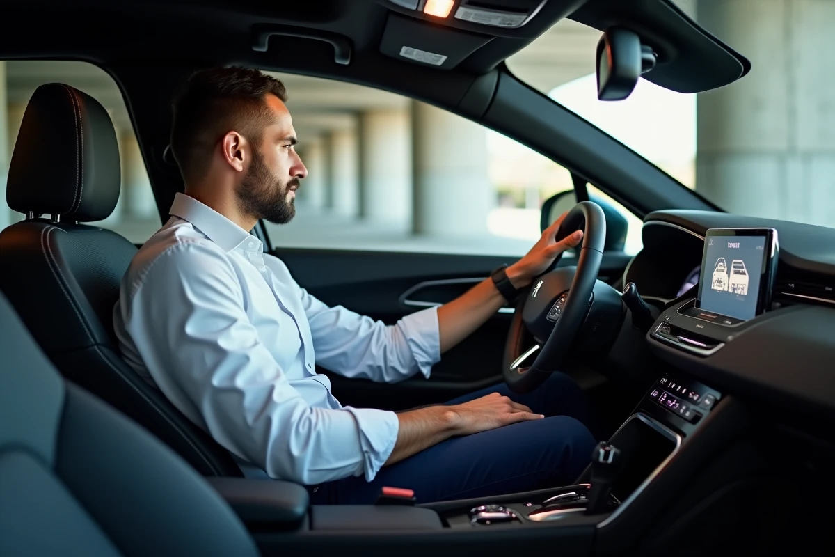 Conducteur utilisant l'écran tactile infotainment de la Peugeot 308 2026 dans un environnement urbain