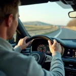 Conducteur en voiture sur autoroute regardant le régime moteur et le compteur de vitesse à 130 km/h