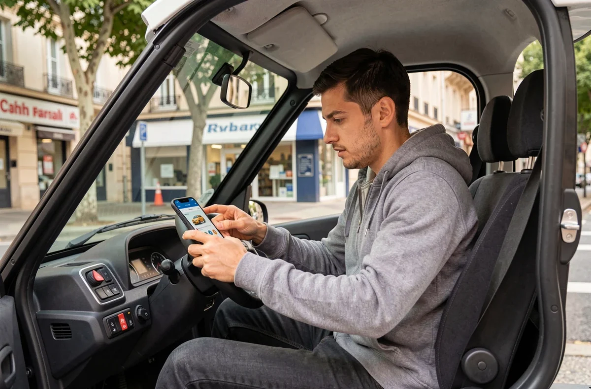 Jeune homme au volant d'une voiturette sans permis en ville, consultant une application de location
