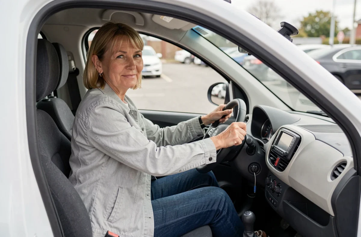 Femme d'âge moyen au volant d'une voiture sans permis, intérieur minimaliste visible