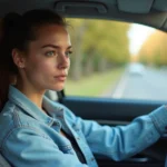Jeune femme en conduite supervisée au volant d'une voiture moderne avec un moniteur à ses côtés