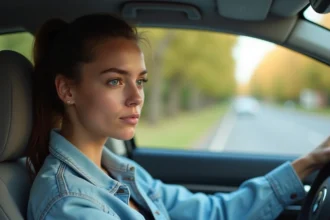 Jeune femme en conduite supervisée au volant d'une voiture moderne avec un moniteur à ses côtés