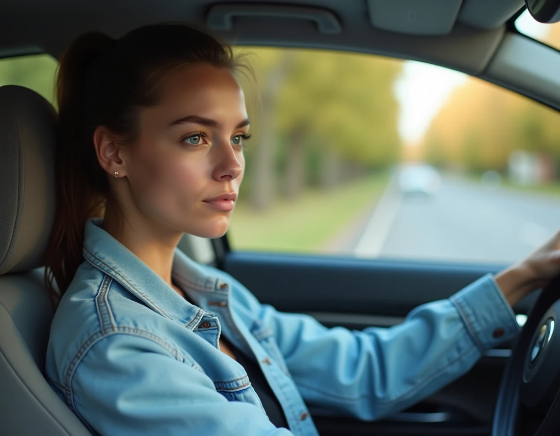 Jeune femme en conduite supervisée au volant d'une voiture moderne avec un moniteur à ses côtés