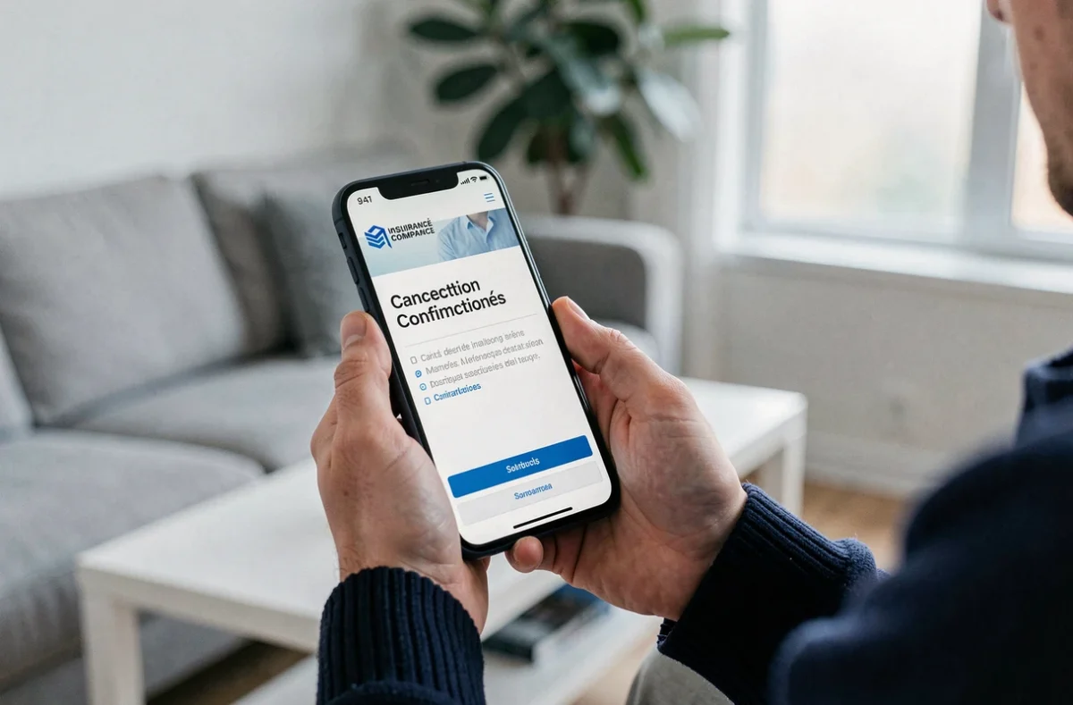 Confirmation de résiliation d'assurance scooter en ligne sur smartphone dans un salon moderne