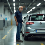 Homme moyenâgeux en polo et jeans près d'une voiture dans un centre de contrôle