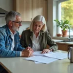 Couple discutant de documents de voiture dans une cuisine moderne