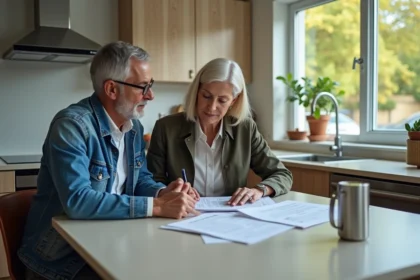 Couple discutant de documents de voiture dans une cuisine moderne