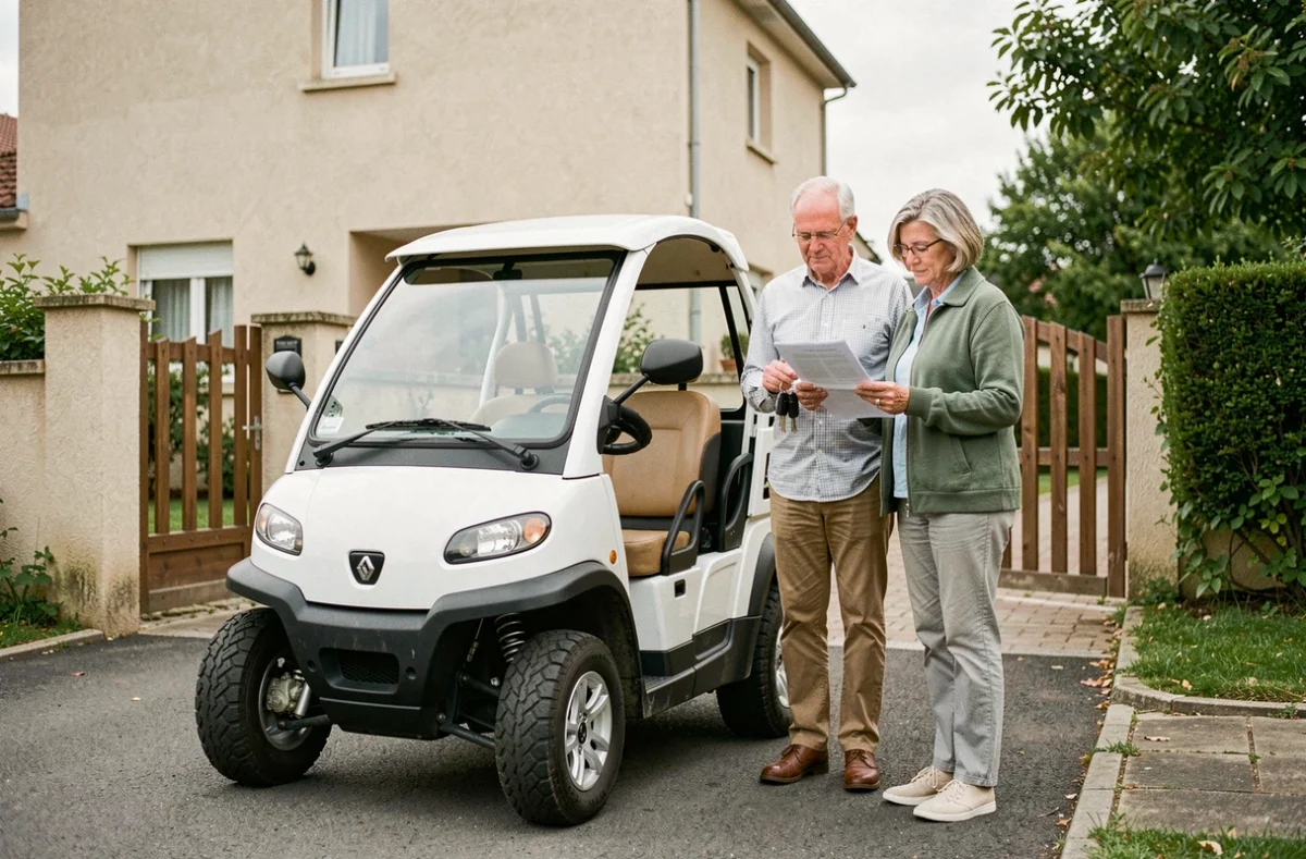 Couple tenant les clés d'une voiture sans permis 5 places d'occasion devant leur maison