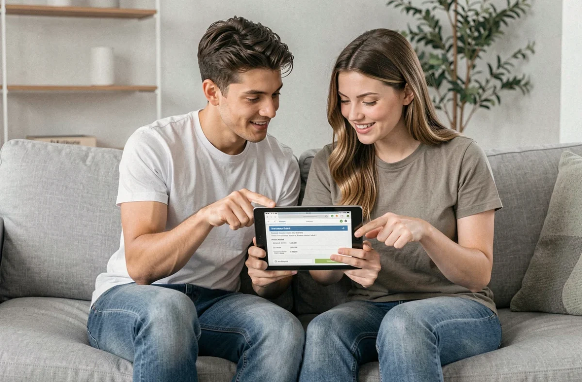 Couple comparant des devis assurance auto sur une tablette dans leur salon
