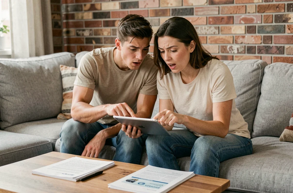 Couple consultant les résultats d'un comparateur d'assurance auto sur une tablette dans leur salon