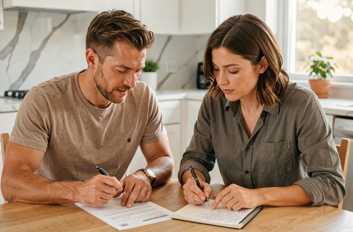 Couple étudiant une lettre de résiliation d'assurance auto à la table de cuisine