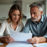 Couple d'adultes examinant des documents dans une cuisine moderne
