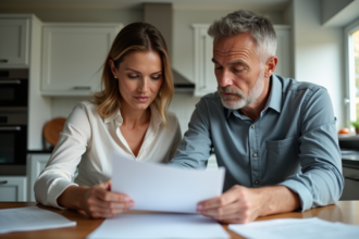 Couple d'adultes examinant des documents dans une cuisine moderne