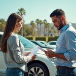 Homme et femme vérifiant documents de voiture en Californie