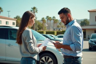 Homme et femme vérifiant documents de voiture en Californie