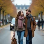 Couple souriant marchant dans une rue de Versailles