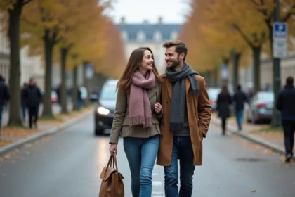 Couple souriant marchant dans une rue de Versailles