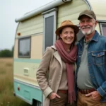 Couple souriant devant une caravane vintage en campagne