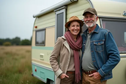 Couple souriant devant une caravane vintage en campagne