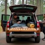 Aménagement intérieur d'un Dacia Duster converti en camping-car familial avec plateforme de couchage en bois et rangements tissu, garé en forêt